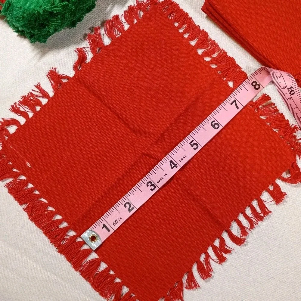 Vintage Christmas Cloth Appetizer Beverage Napkins 24 pc Red & Green Fringe Edge